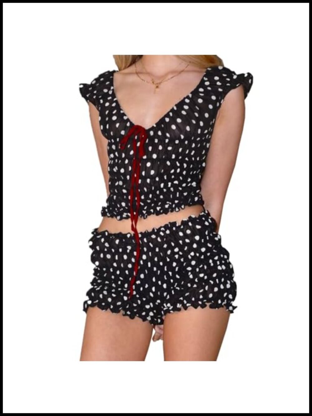 Women Polka Dot Pajama Set Scoop Neck Cami Ruffled Shorts 2 Piece Lounge